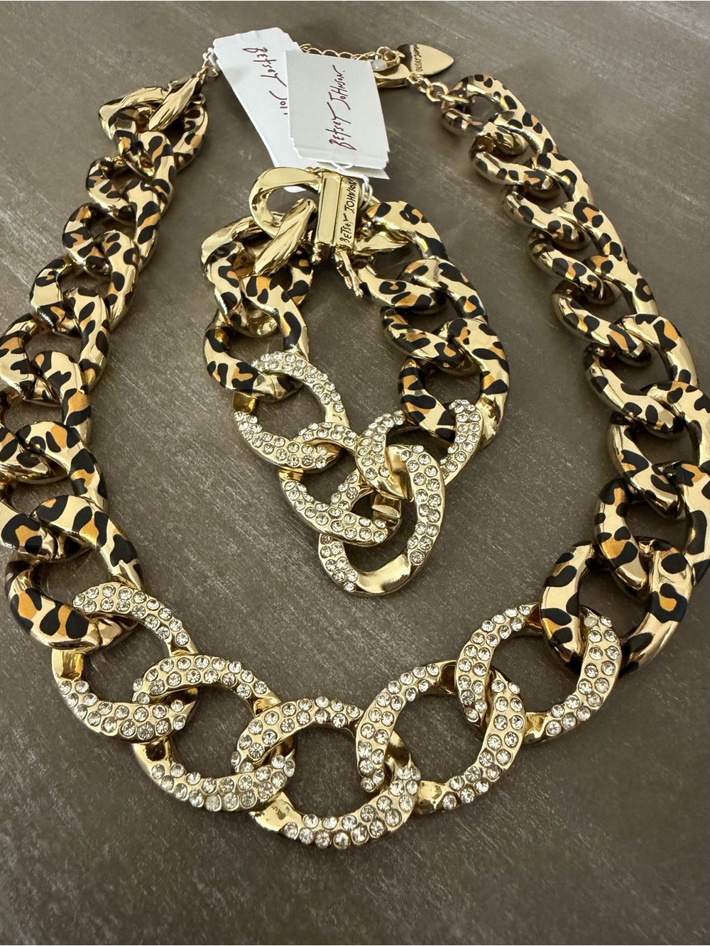 Betsey Johnson Leopard Print Chain Link Crystal Pavé Necklace & Bracelet Set NWT